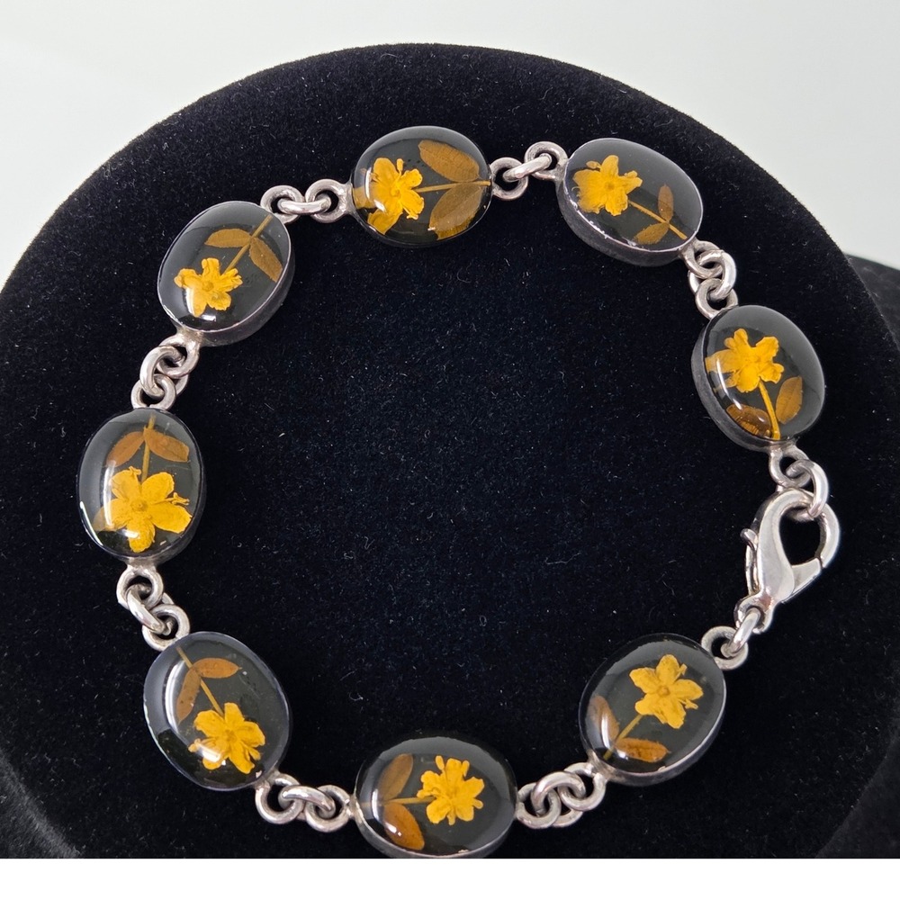 Mexican Silver Bracelet Sterling Silver Pressed Flowers Resin‎ Links 7.5" 17.8g